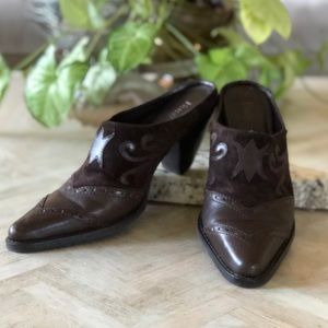 Bass Cowboy Western Brown Leather and Suede Mules